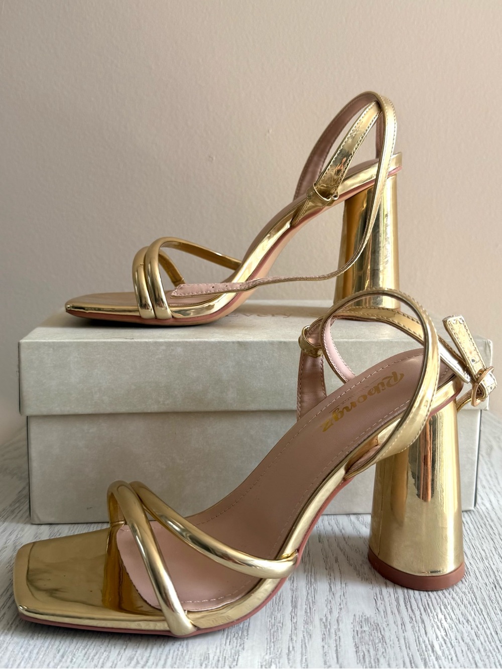Gold Metallic Strappy Block Heel Sandals - Women